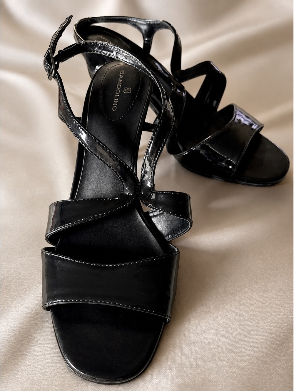 Bandolino Black Patent Strappy Heeled Sandals Size 8.5 M Slingback Open Toe